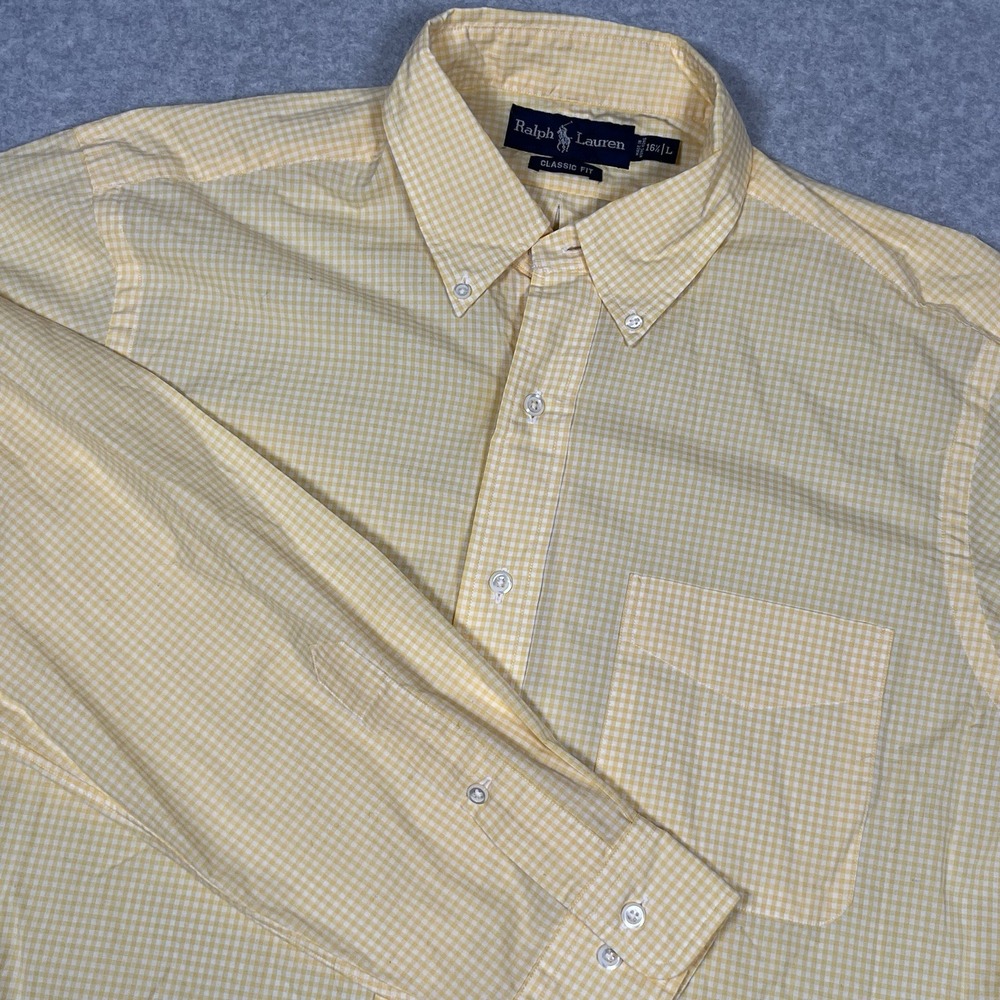 Ralph Lauren Yellow Gingham Long Sleeve Button Down Shirt Classic Fit L/16-1/2
